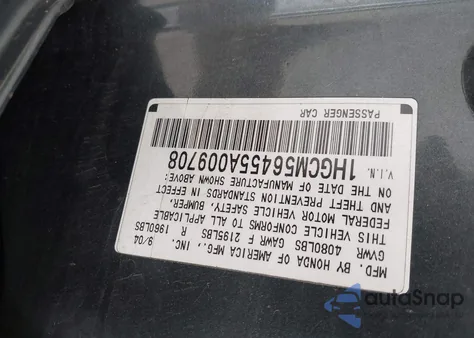 2005 Honda Accord 2.4 Lx из США, поврежденный, VIN 1HGCM56455A009708